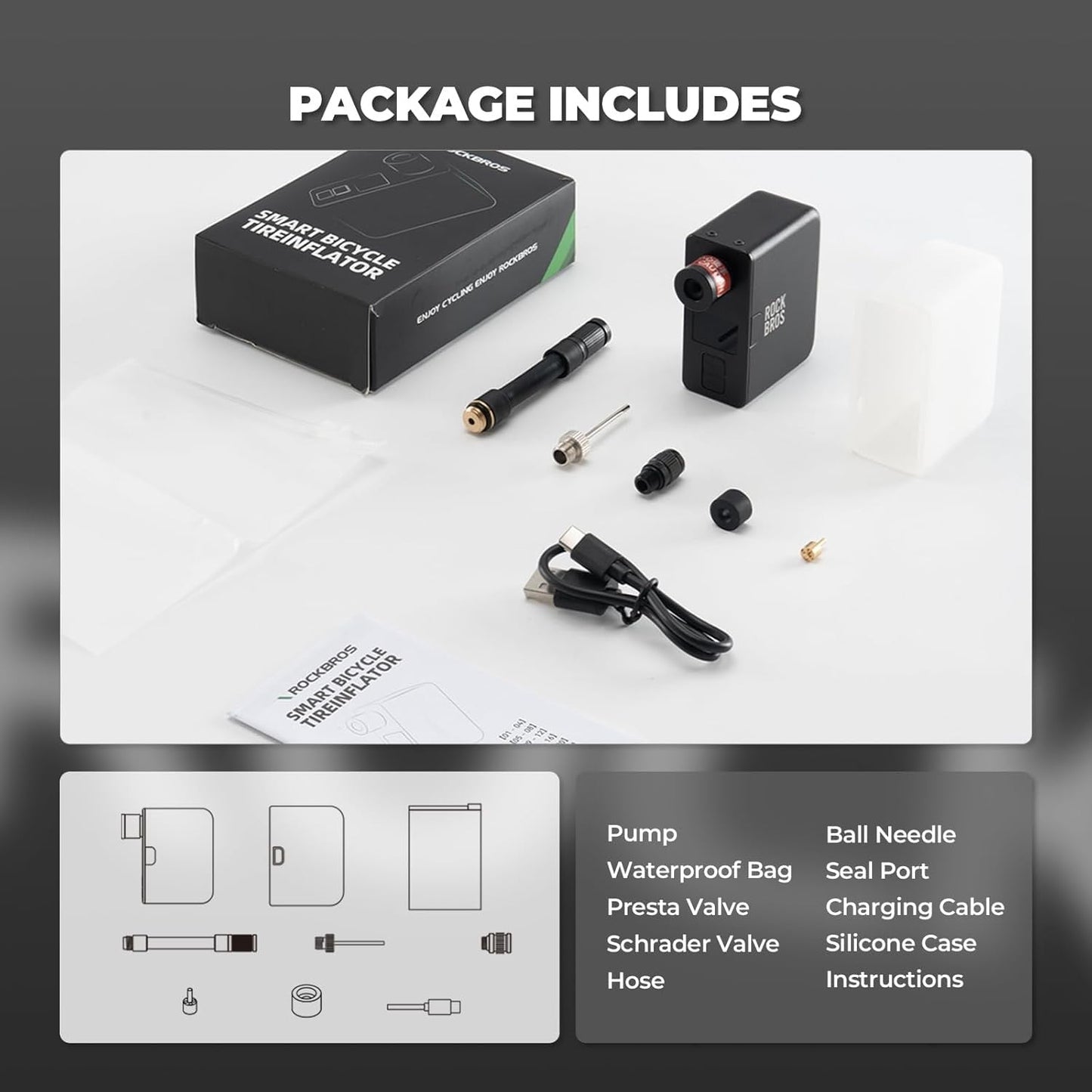 ROCKBROS Electric Bicycle Pump 120PSI Portable Mini Pumps Rechargeable 450mAh Tiny E-Pump Small Compressor