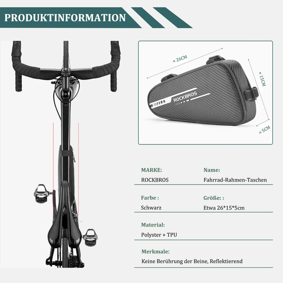 ROCKBROS Rahmentasche wasserdicht Dreieckstasche für MTB & Rennräder 1,2L