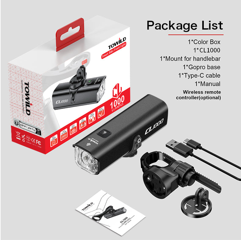 TOWILD CL1000 Bike Light for Night Riding Compatible with Garmin/GoPro Mount 1000 Lumen Bright Bicycle Headlight 4000mAh Battery Waterproof Bike Light for Commuters