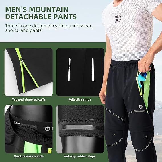 ROCKBROS cycling trousers, double-layered, removable sports trousers, long cycling trousers with seat padding, padded bicycle trousers, men's, breathable MTB road bike