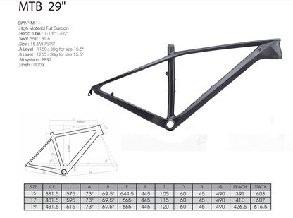 RINOS T800 carbon bicycle frame for MTB hardtail lightweight