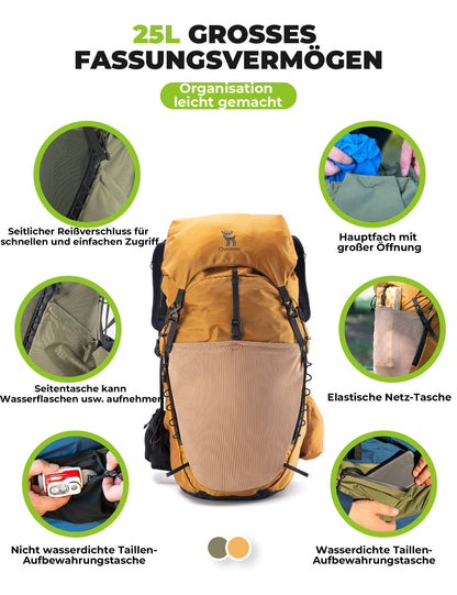 25L breathable hiking backpack - with detachable pocket & side access Quantature