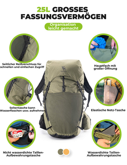 25L breathable hiking backpack - with detachable pocket & side access Quantature