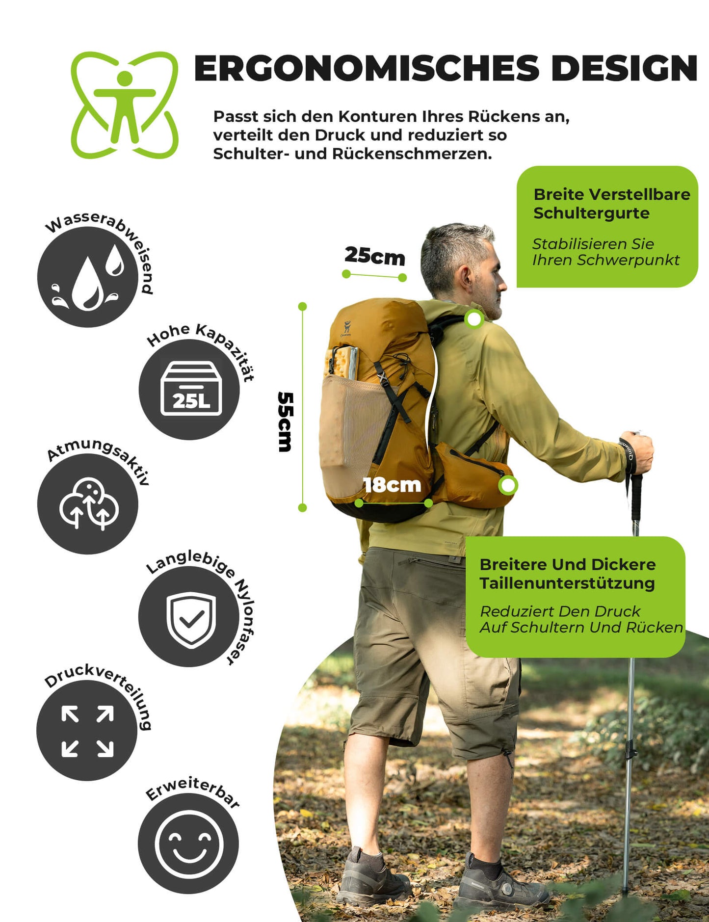 25L breathable hiking backpack - with detachable pocket & side access Quantature