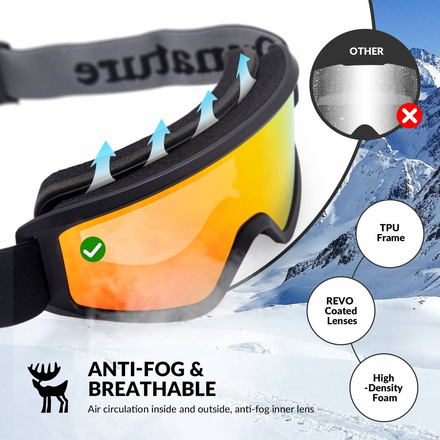 Anti-fog ski goggles, double lens, Quantature