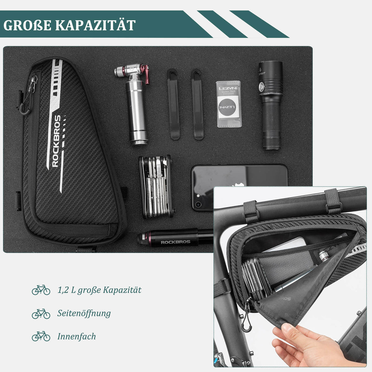 ROCKBROS Rahmentasche wasserdicht Dreieckstasche für MTB & Rennräder 1,2L