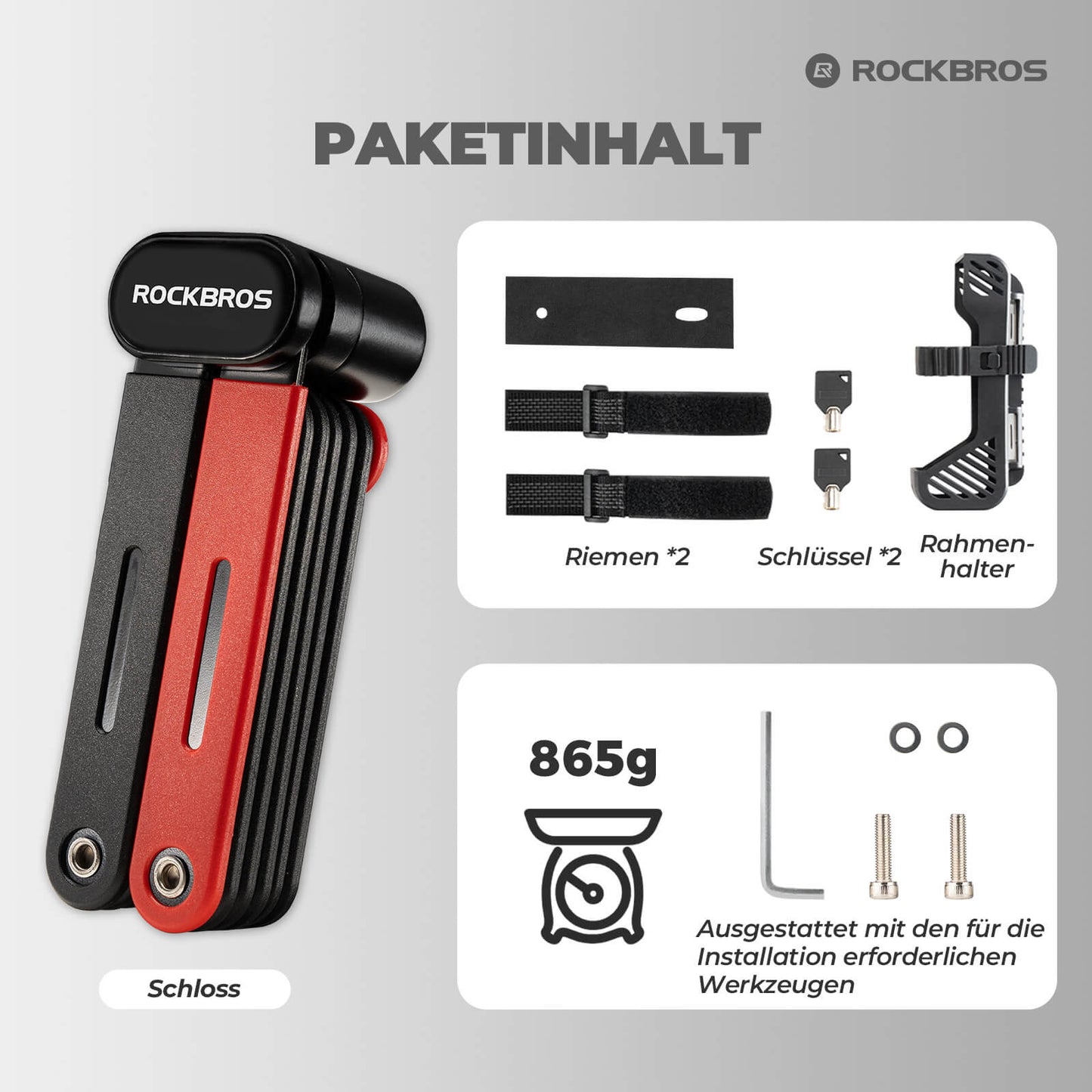 Folding bicycle lock, robust anti-theft device with 2 keys, ROCKBROS