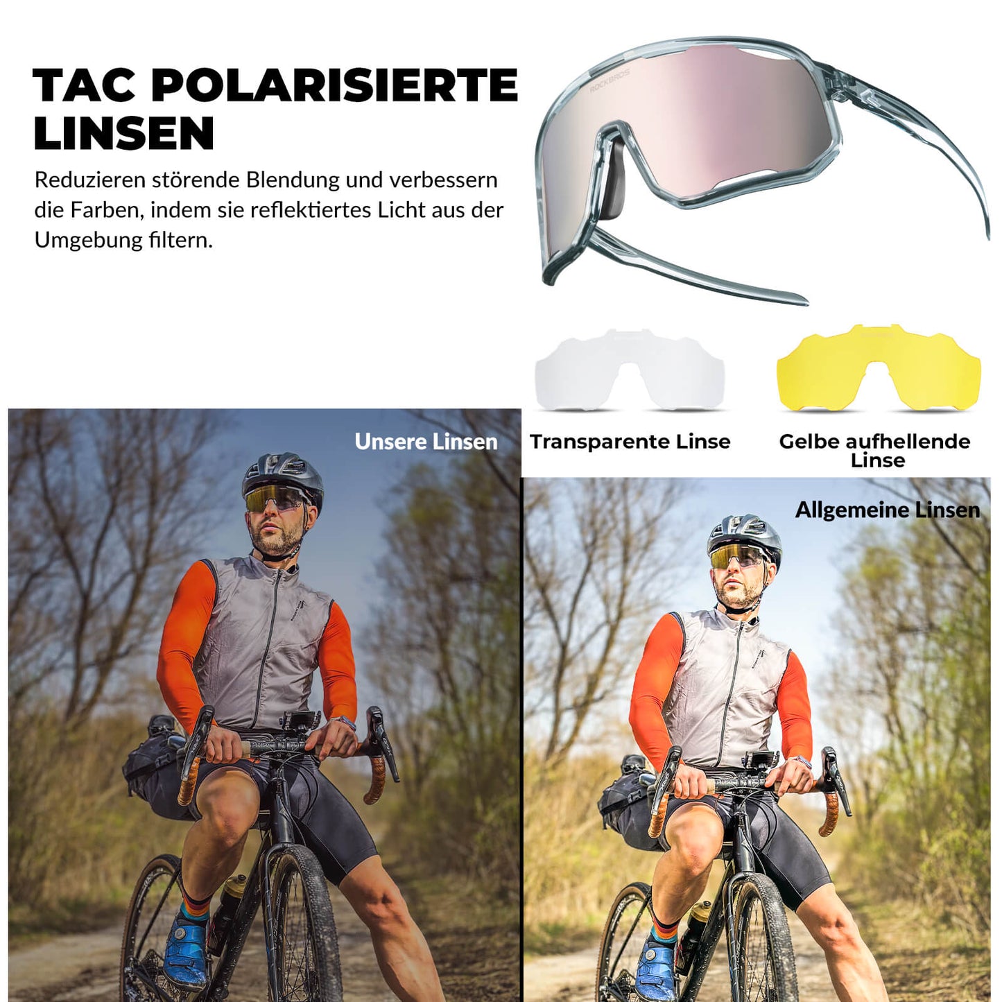 Cycling glasses, polarized sunglasses, UV protection, interchangeable nose pads, women's/men's, ROCKBROS