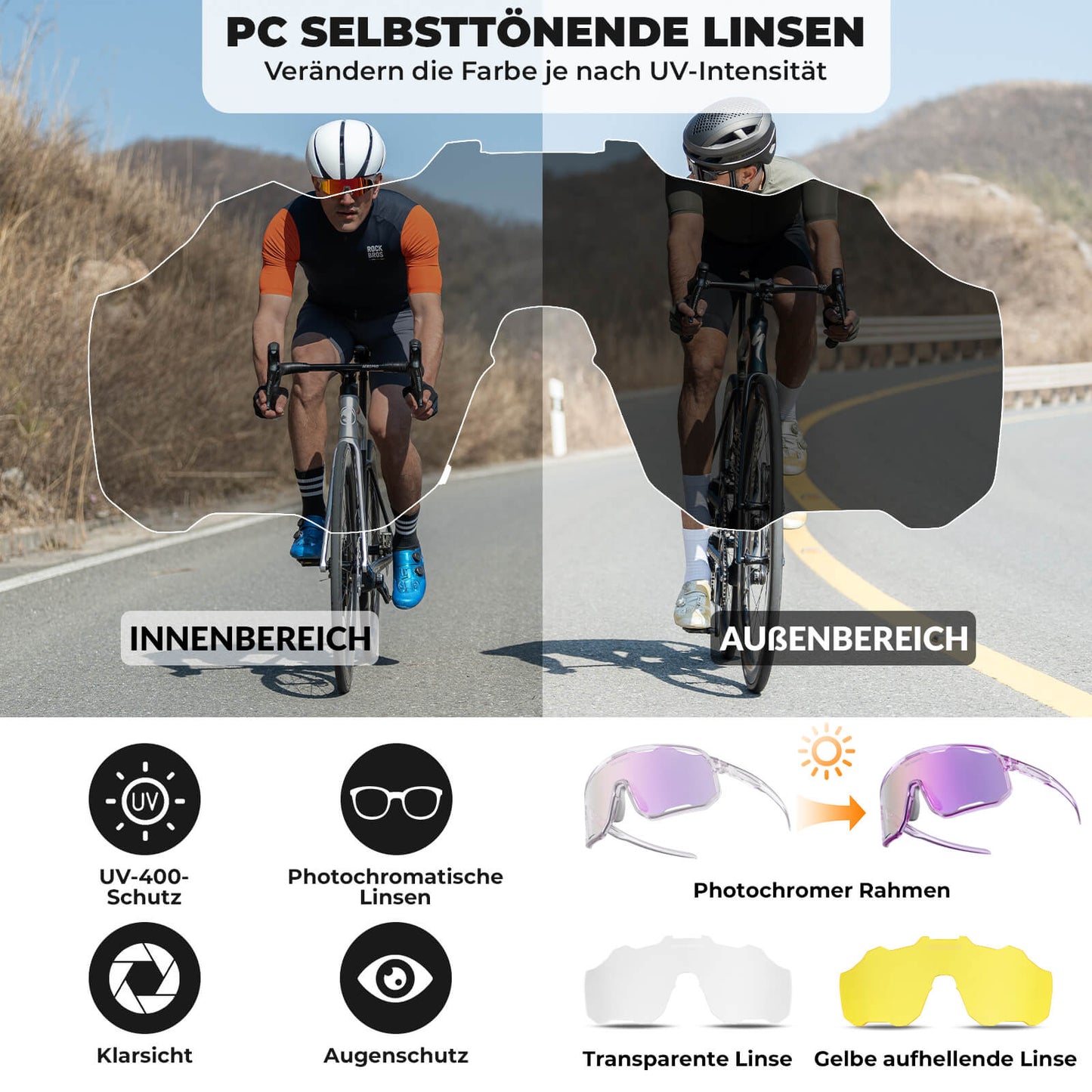 Cycling glasses, photochromic sunglasses, UV protection, interchangeable nose pads, women's/men's, ROCKBROS
