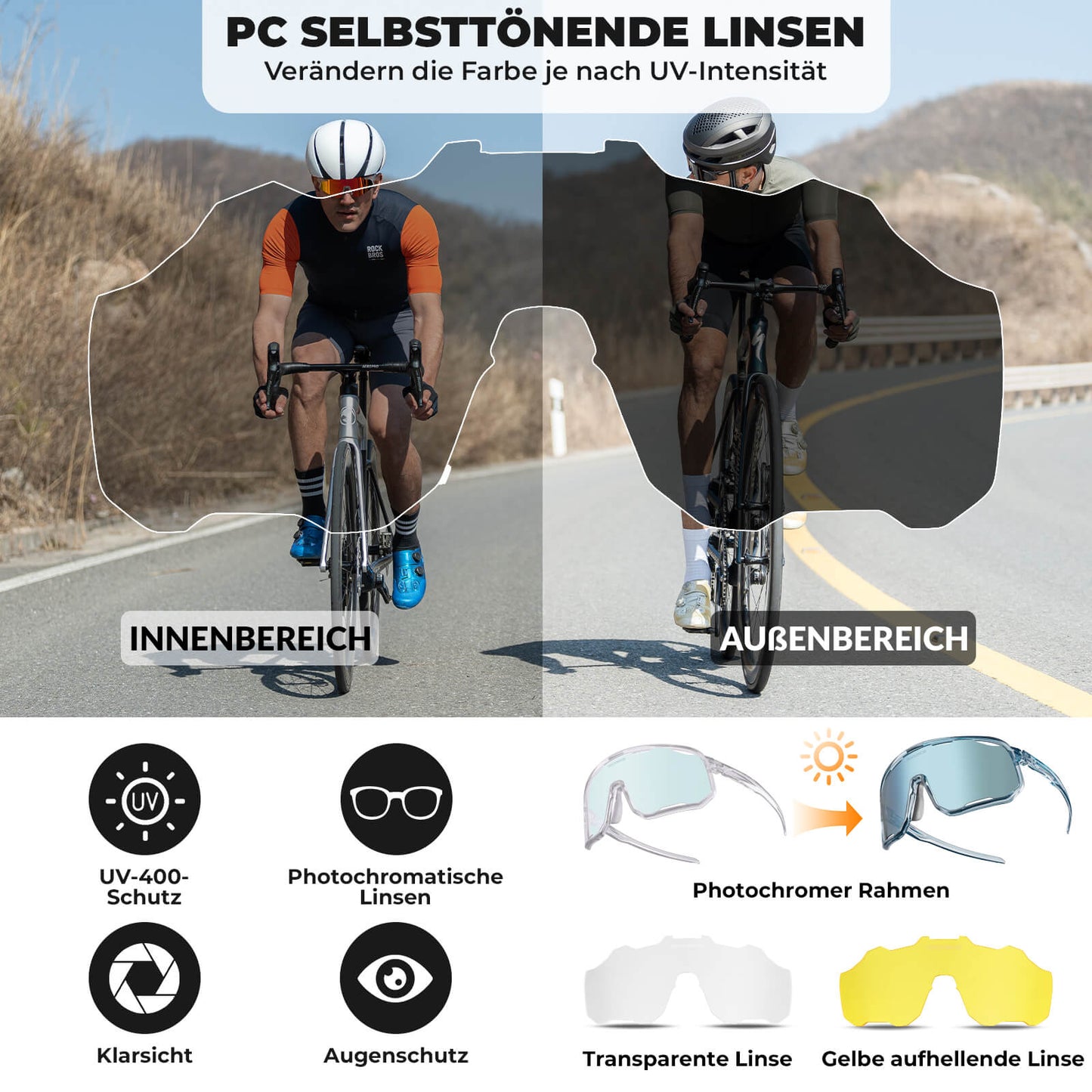 Cycling glasses, photochromic sunglasses, UV protection, interchangeable nose pads, women's/men's, ROCKBROS