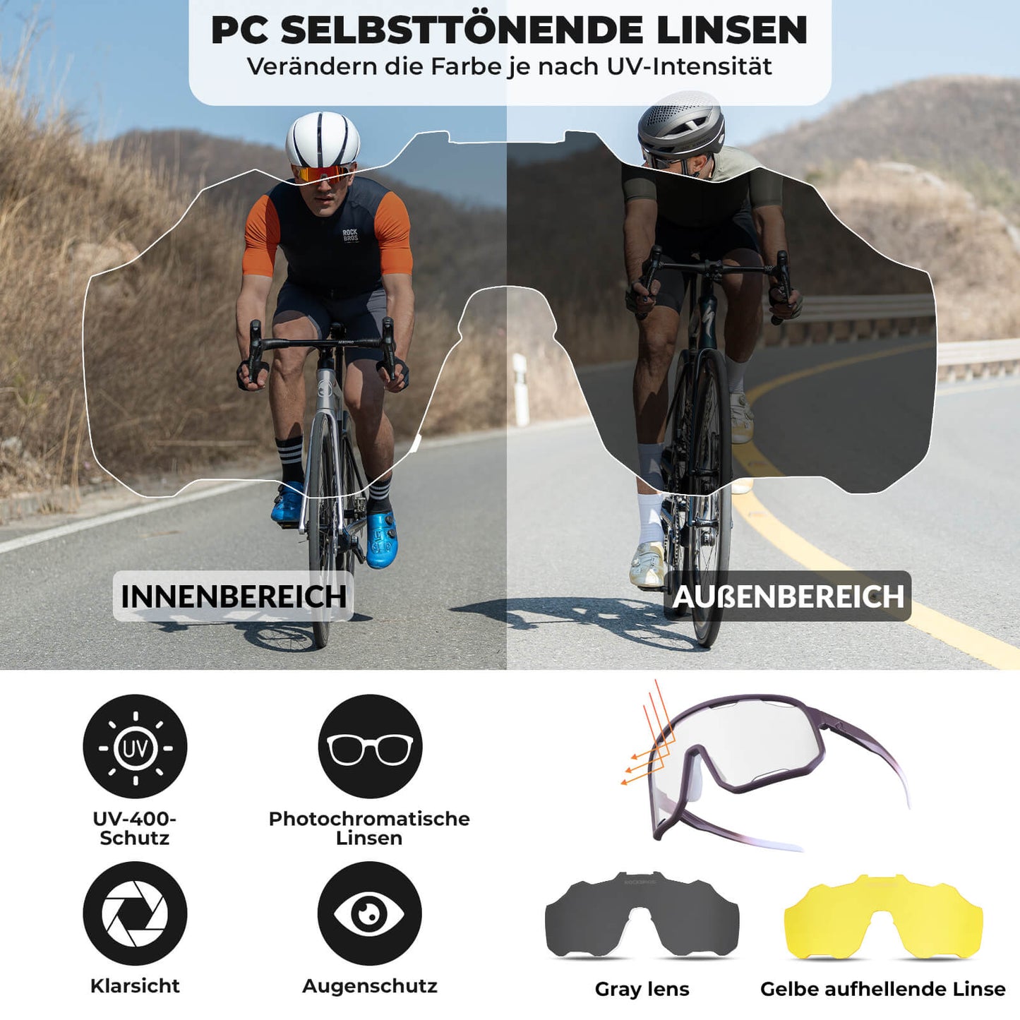 Cycling glasses, photochromic sunglasses, UV protection, interchangeable nose pads, women's/men's, ROCKBROS