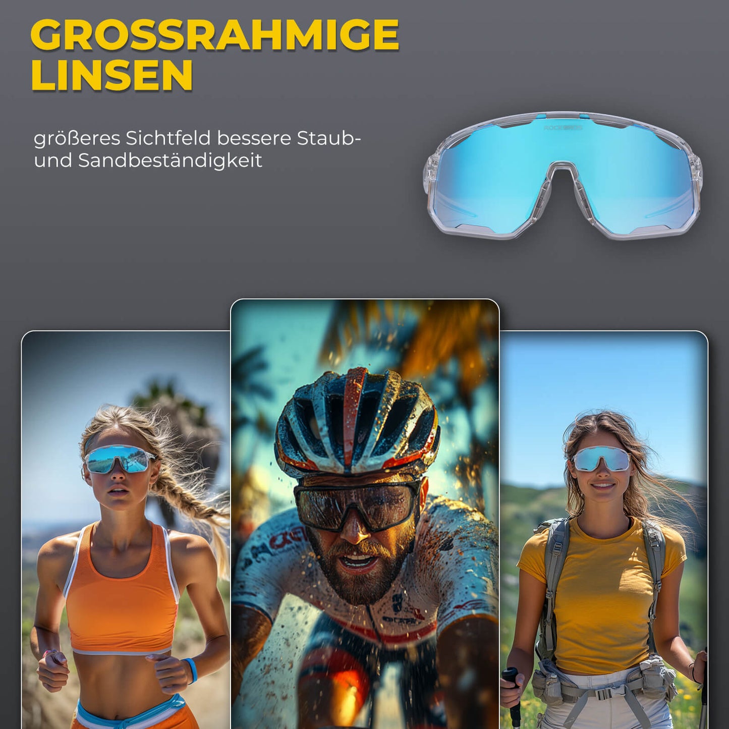 Cycling glasses, photochromic sunglasses, UV protection, interchangeable nose pads, women's/men's, ROCKBROS