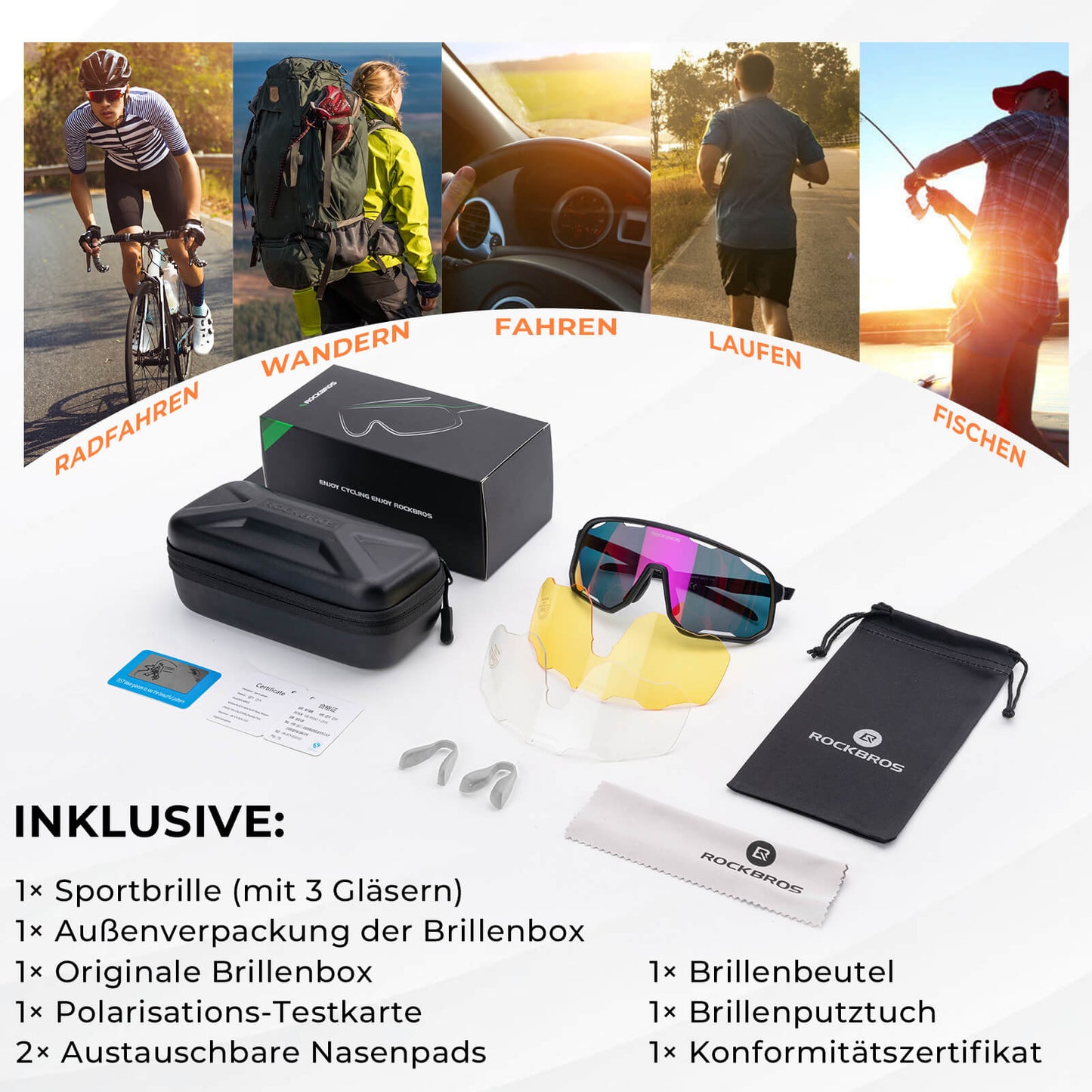 Cycling glasses, polarized sunglasses, UV protection, interchangeable nose pads, women's/men's, ROCKBROS