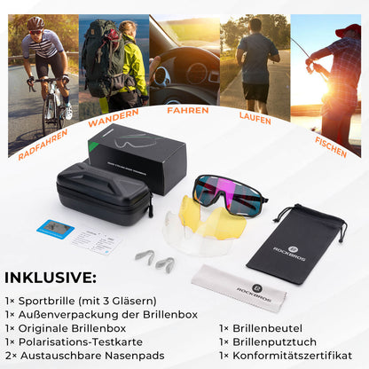 Cycling glasses, polarized sunglasses, UV protection, interchangeable nose pads, women's/men's, ROCKBROS