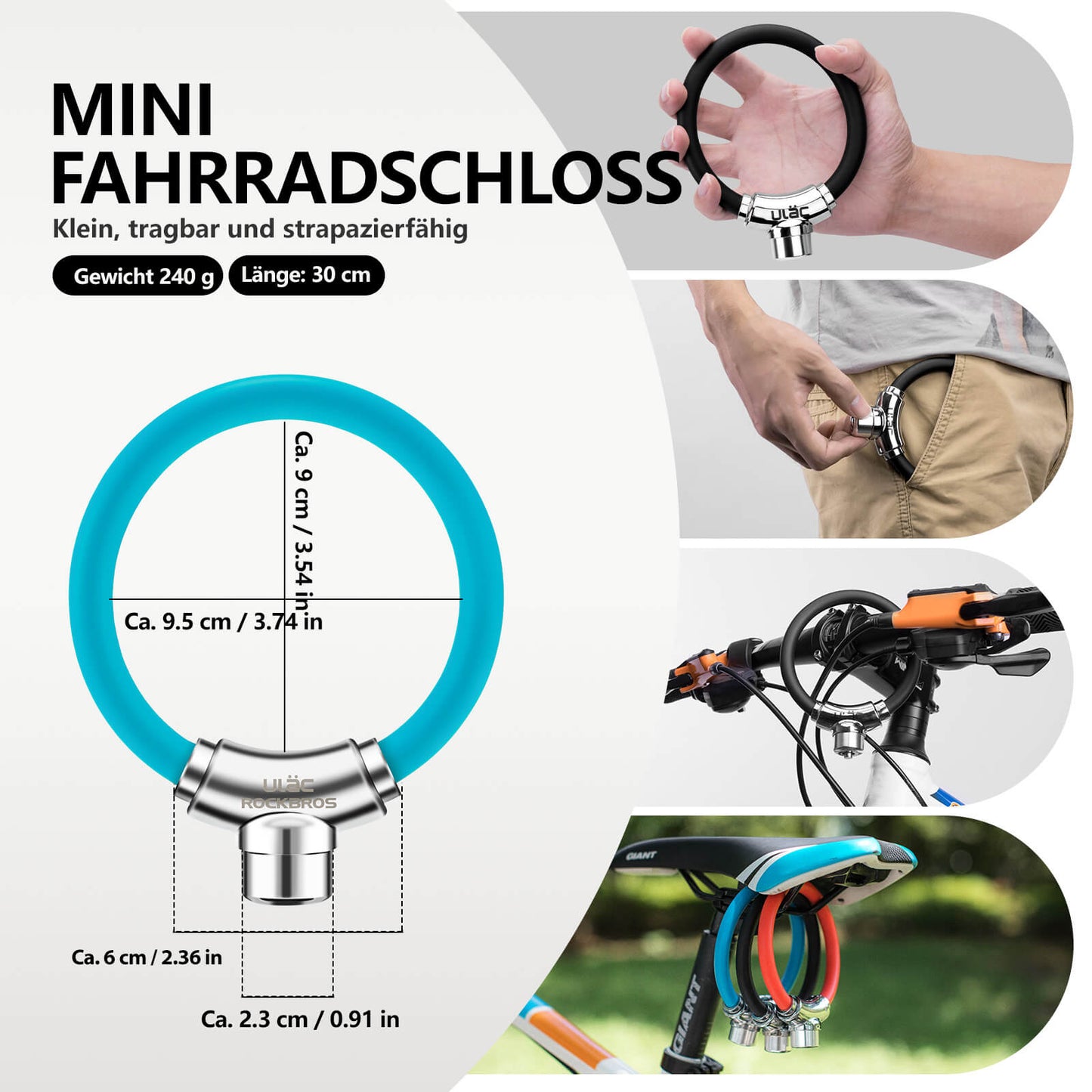 Bicycle lock cable lock with Velcro fasteners, no key required, ROCKBROS