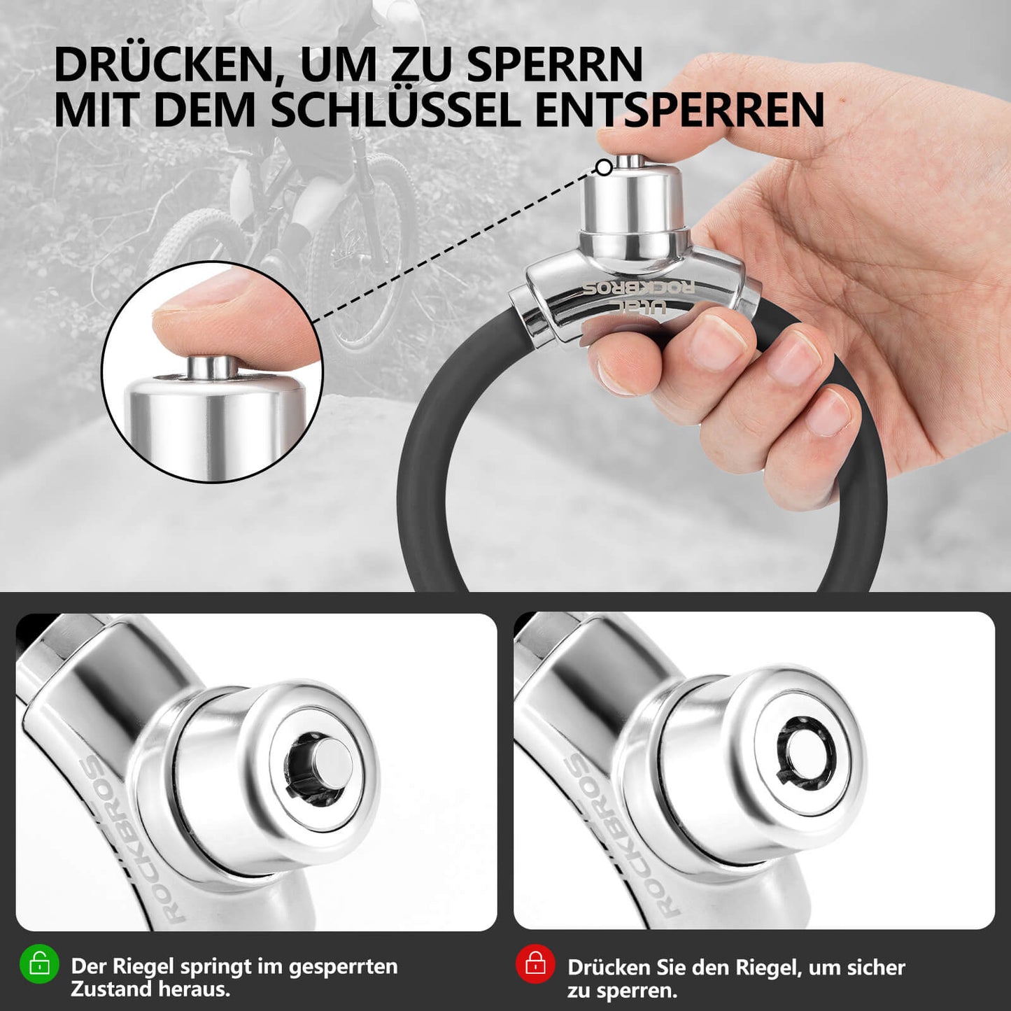 Bicycle lock cable lock with Velcro fasteners, no key required, ROCKBROS