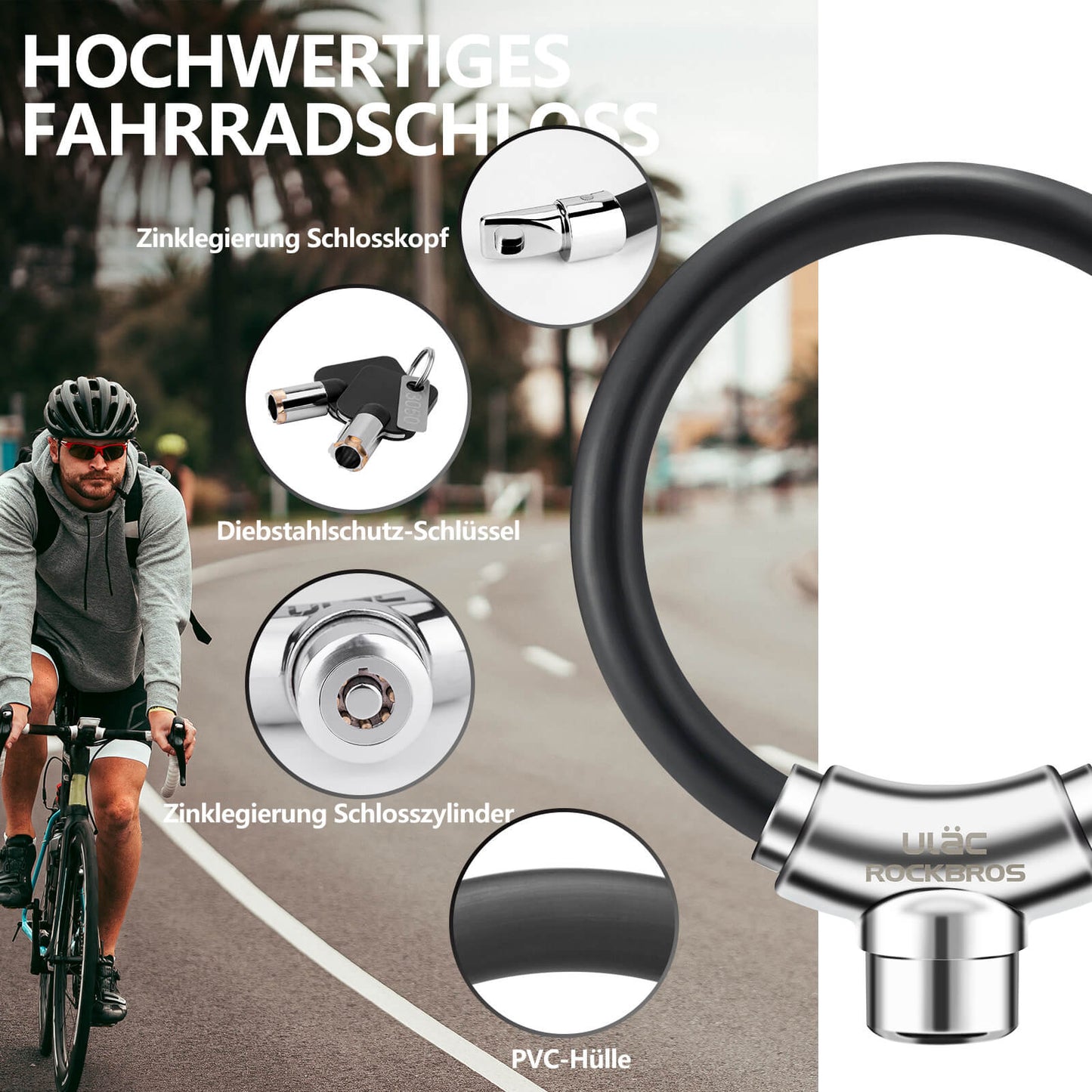 Bicycle lock cable lock with Velcro fasteners, no key required, ROCKBROS