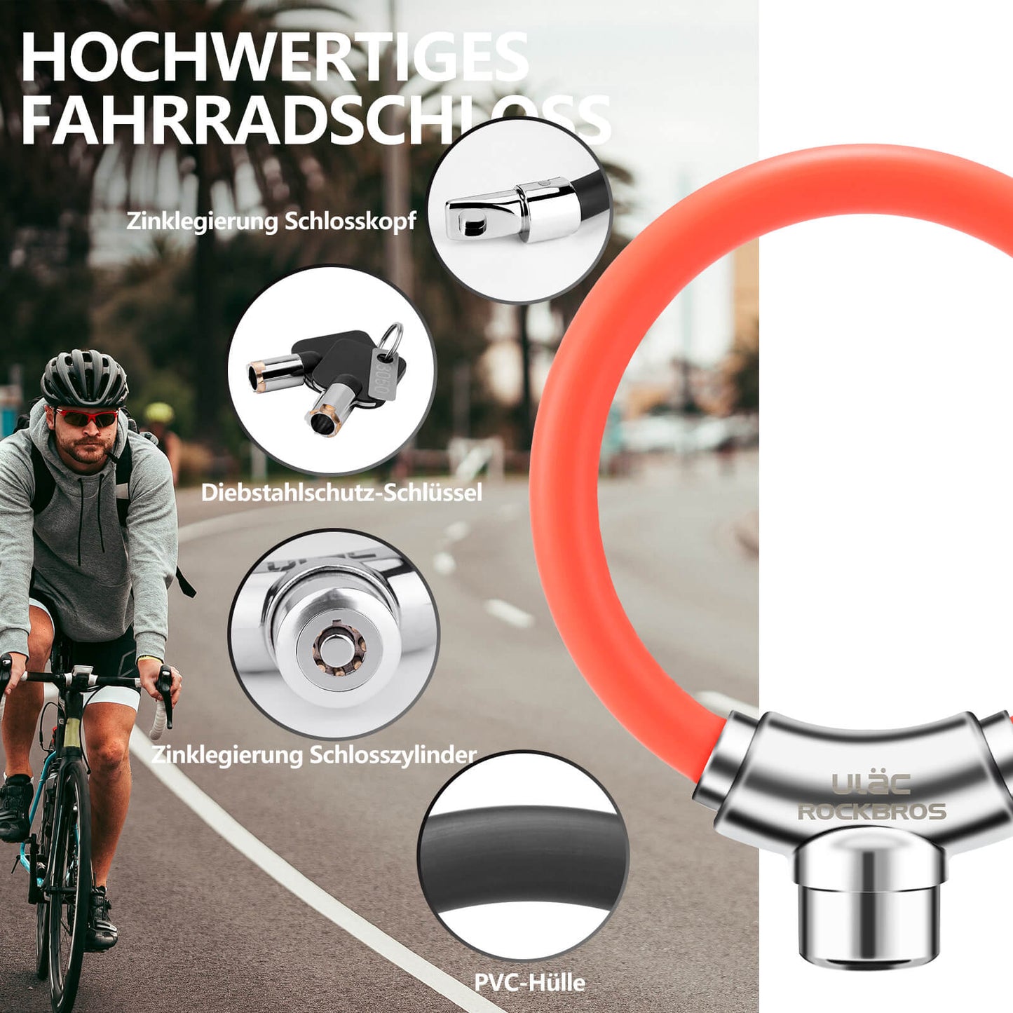 Bicycle lock cable lock with Velcro fasteners, no key required, ROCKBROS