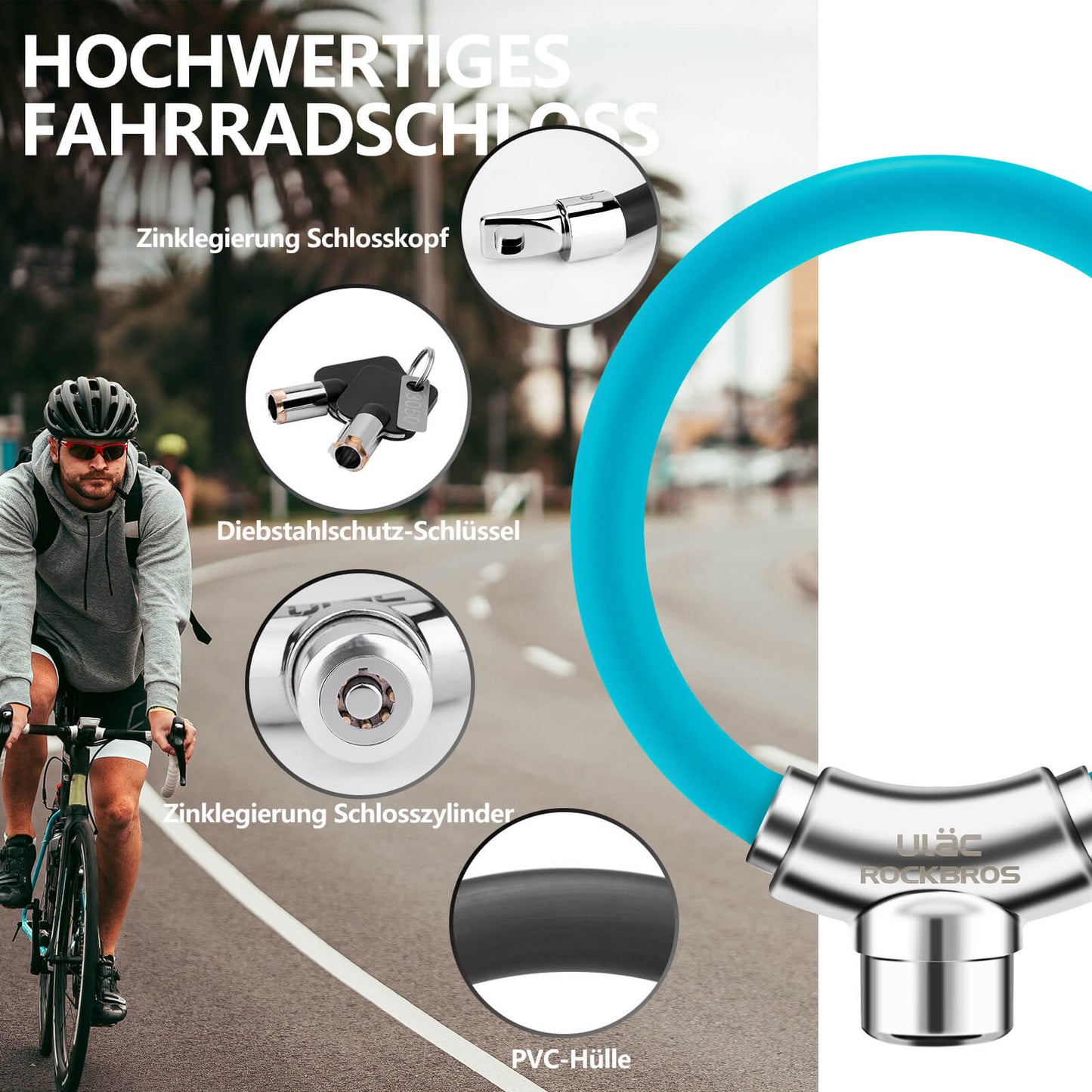 Bicycle lock cable lock with Velcro fasteners, no key required, ROCKBROS