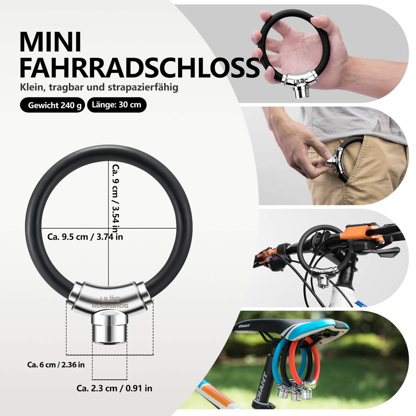 Bicycle lock cable lock with Velcro fasteners, no key required, ROCKBROS