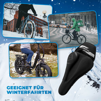 Heated saddle cover with quick-release fasteners for MTB, road bike, and e-bike by Rockbros