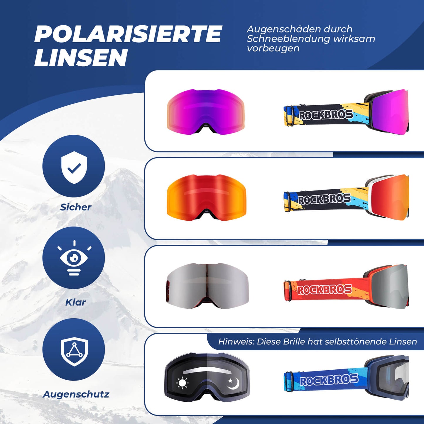 Ski goggles, snow goggles, polarized, helmet-compatible sports goggles, skiing, ROCKBROS