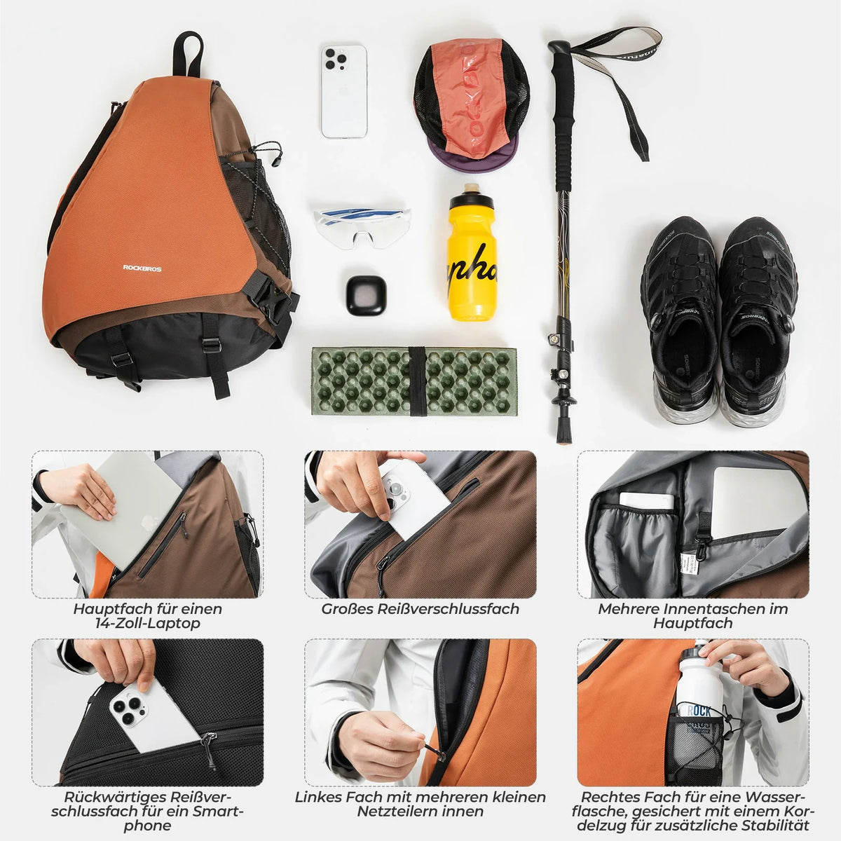 ROCKBROS Sling Bag Groß, Sling Rucksack mit Magnetverschluss, Crossbody-Tasche