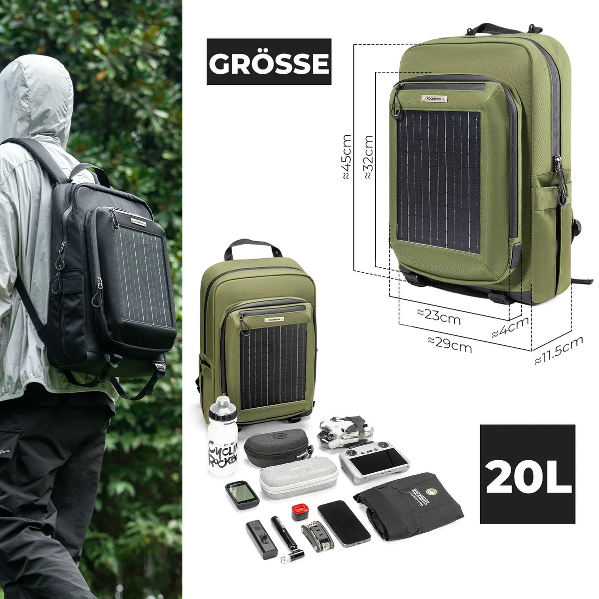 ROCKBROS Solarrucksack Solar Rucksack 20L mit Flexiblem Abnehmbarem 10V 14W