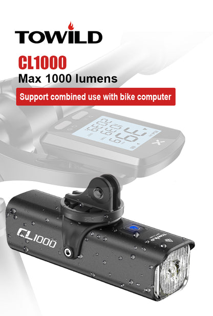 TOWILD CL1000 Bike Light for Night Riding Compatible with Garmin/GoPro Mount 1000 Lumen Bright Bicycle Headlight 4000mAh Battery Waterproof Bike Light for Commuters