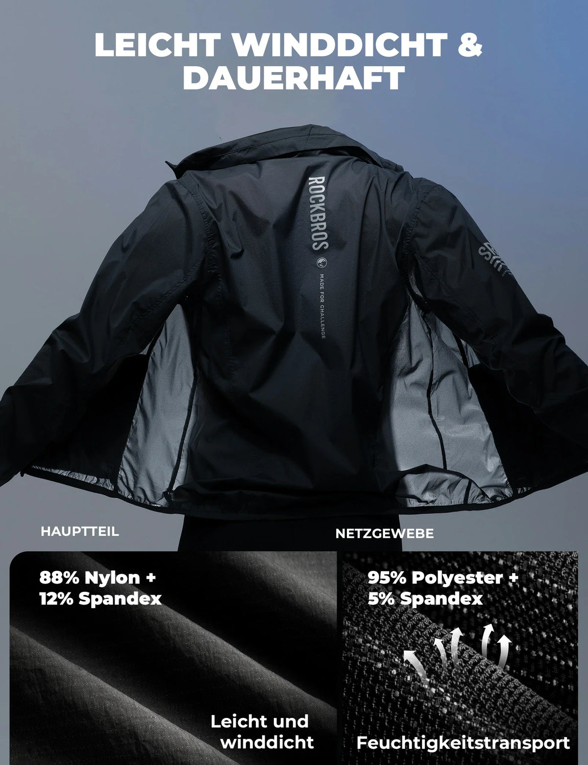 ROCKBROS Winddichte Fahrradjacke, Leichte Atmungsaktive Schnelltrocknende Windbreaker, Faltbare