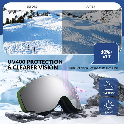 Qunature ski goggles, snowboard goggles, anti-fog UV400 women/men for glasses wearers