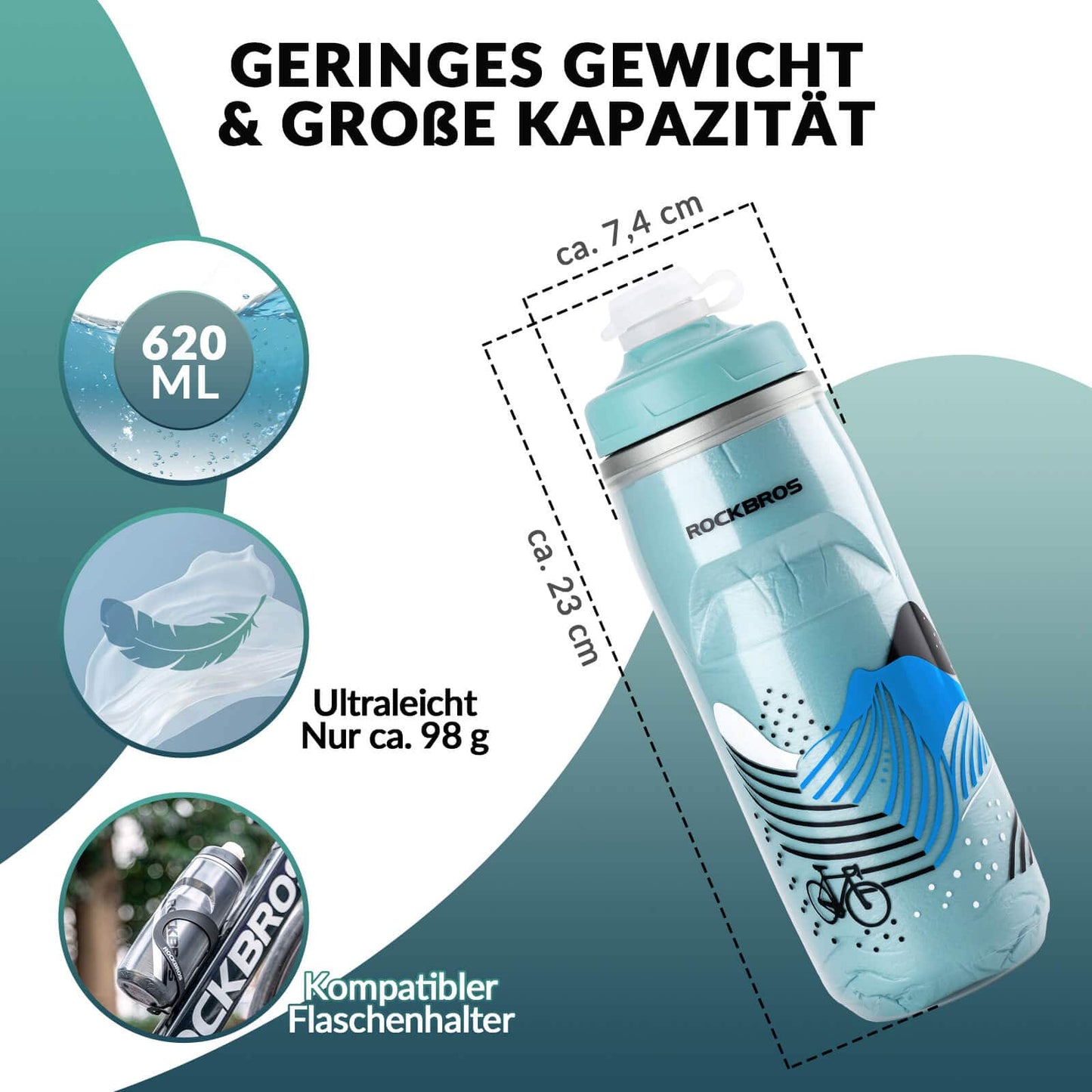 620 ml cycling bottle, sports bottle with 5-hour cooling function, ROCKBROS