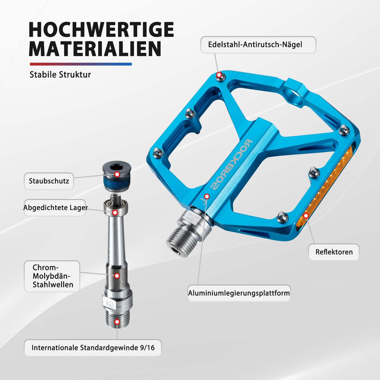 Bicycle pedals with reflectors, made of aluminum alloy, 9/16 inch, ROCKBROS