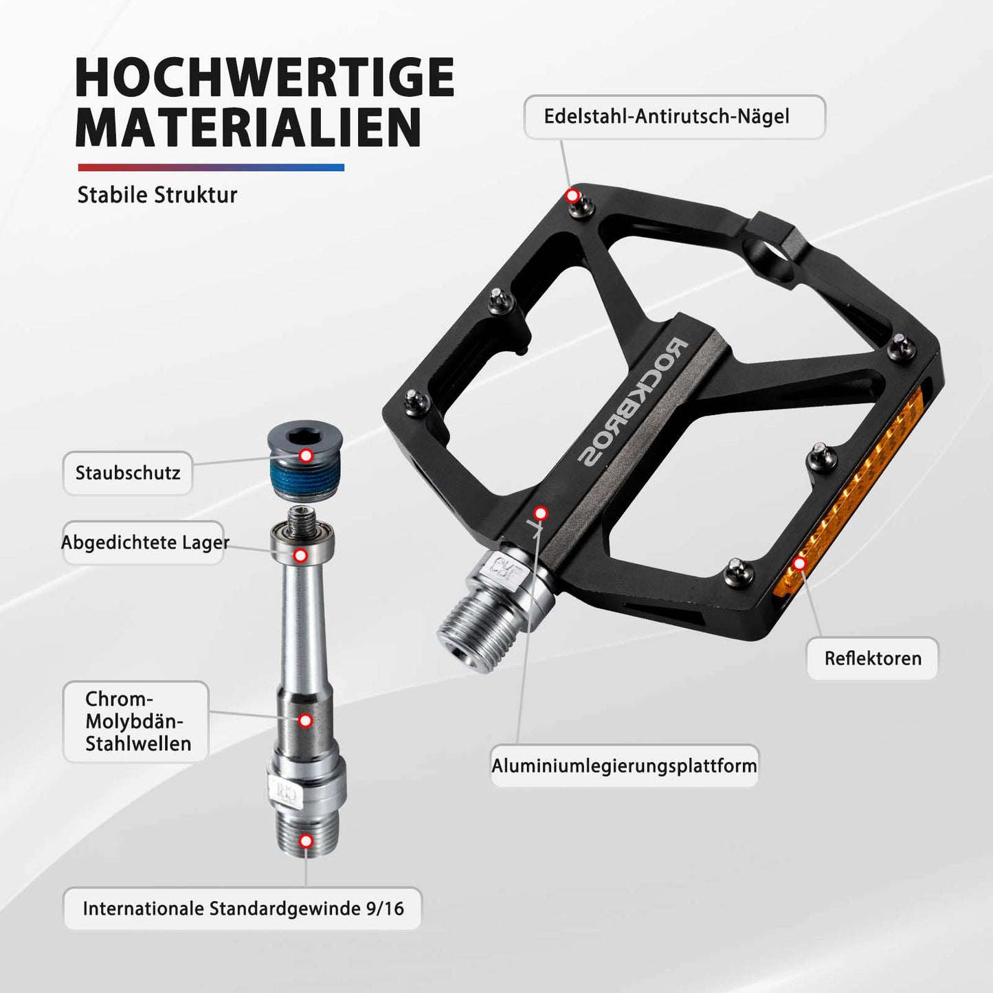 Bicycle pedals with reflectors, made of aluminum alloy, 9/16 inch, ROCKBROS