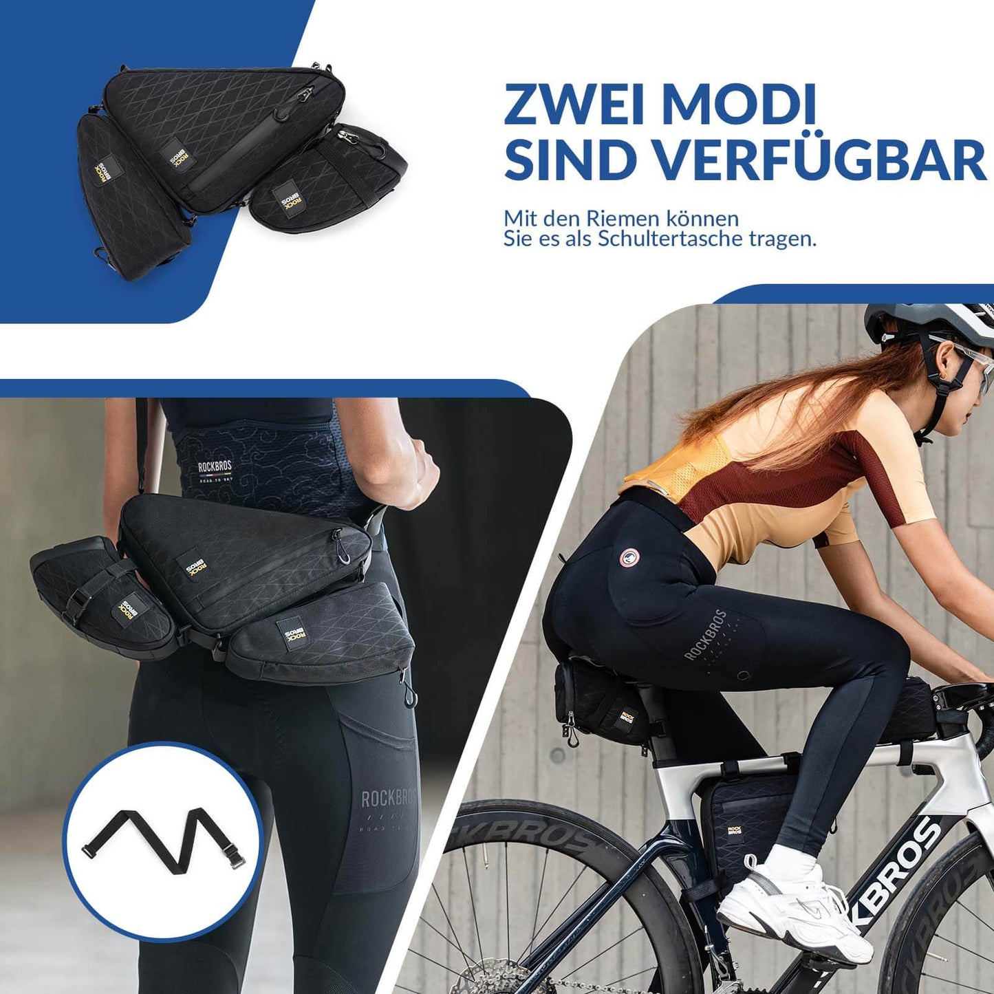 Bicycle bag set: frame bag*2 + saddle bag*1 with adjustable shoulder strap, 1.2L, ROCKBROS