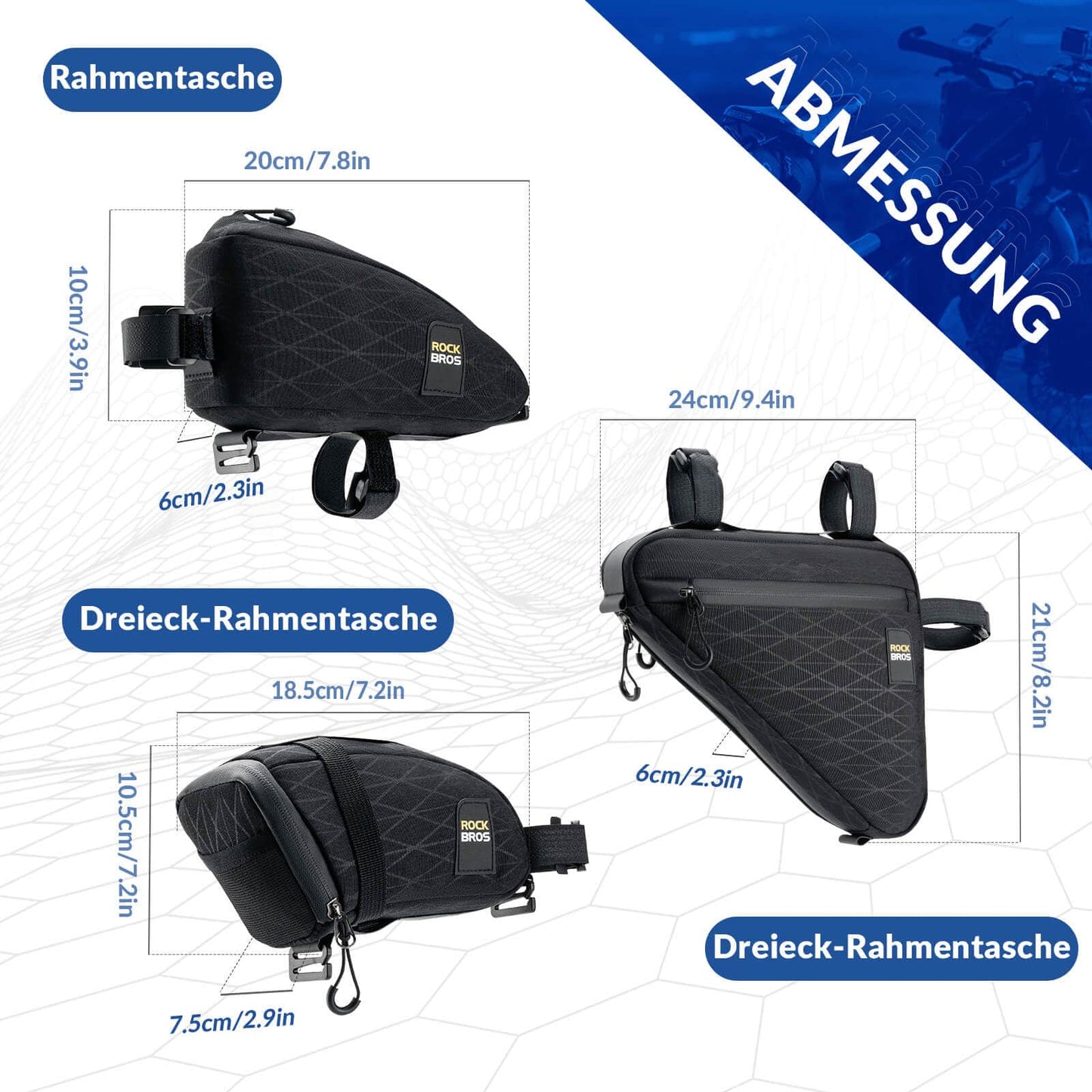 Bicycle bag set: frame bag*2 + saddle bag*1 with adjustable shoulder strap, 1.2L, ROCKBROS