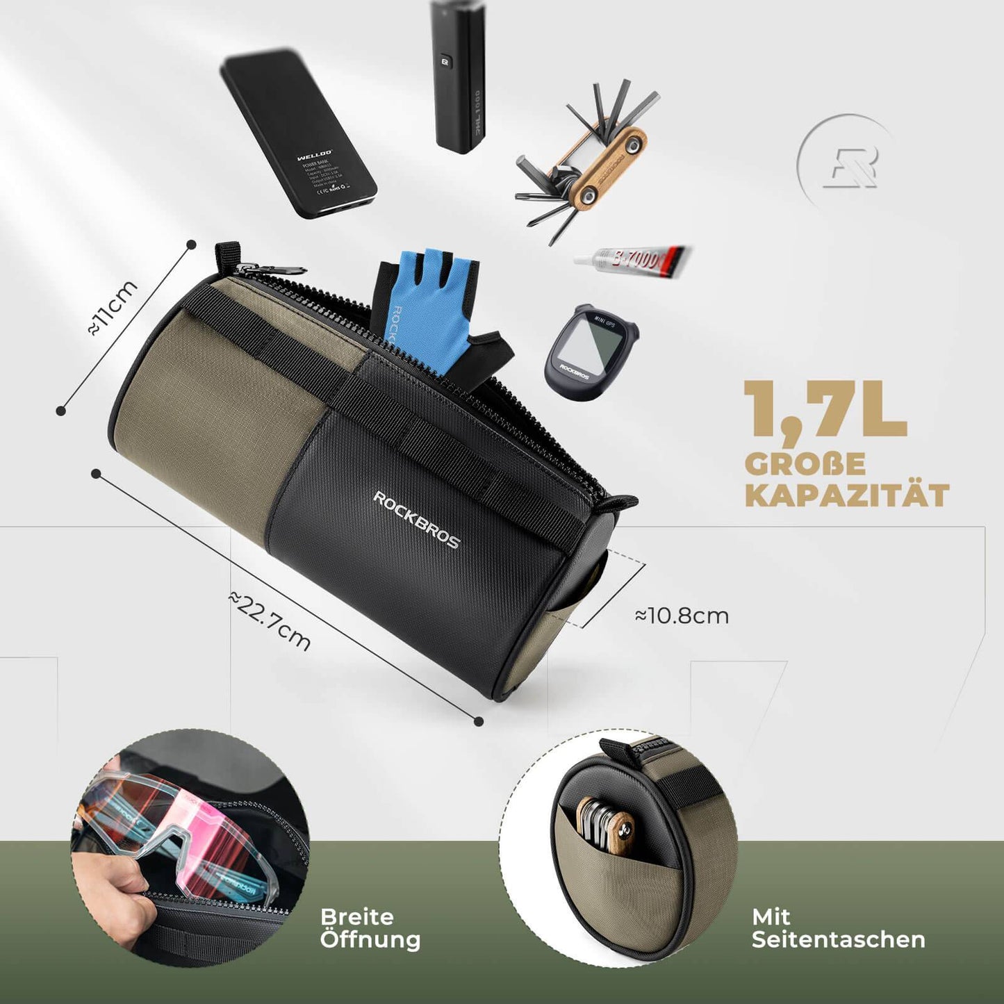 ROCKBROS cylindrical handlebar bag, 1.7L, with shoulder strap