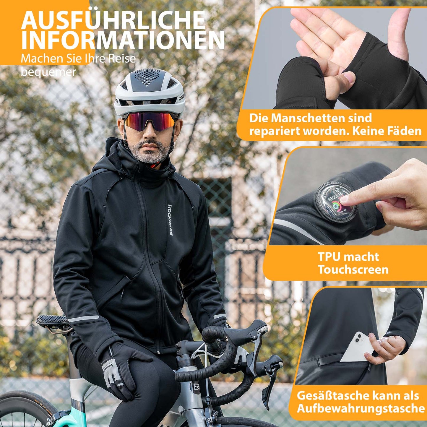 Winter cycling jacket, windproof – with TPU touchscreen operation, ROCKBROS