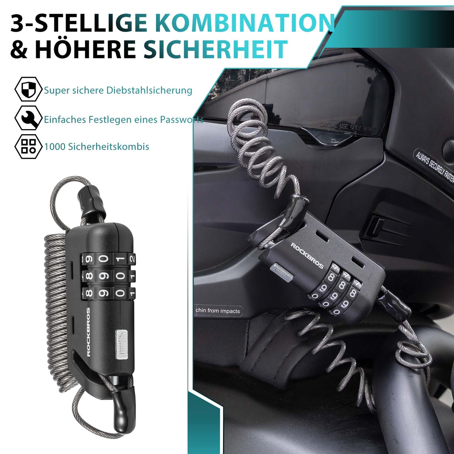 Helmet lock 150 cm 3-digit combination lock ROCKBROS