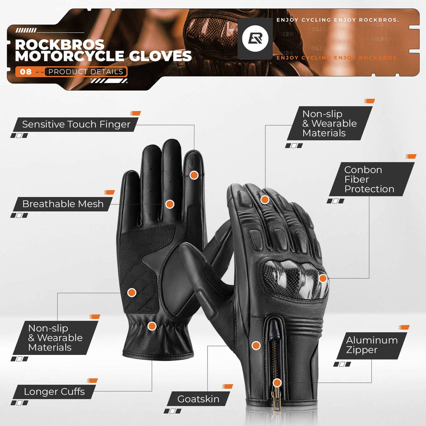 Motorcycle gloves, touchscreen, leather, full-finger, breathable, ROCKBROS