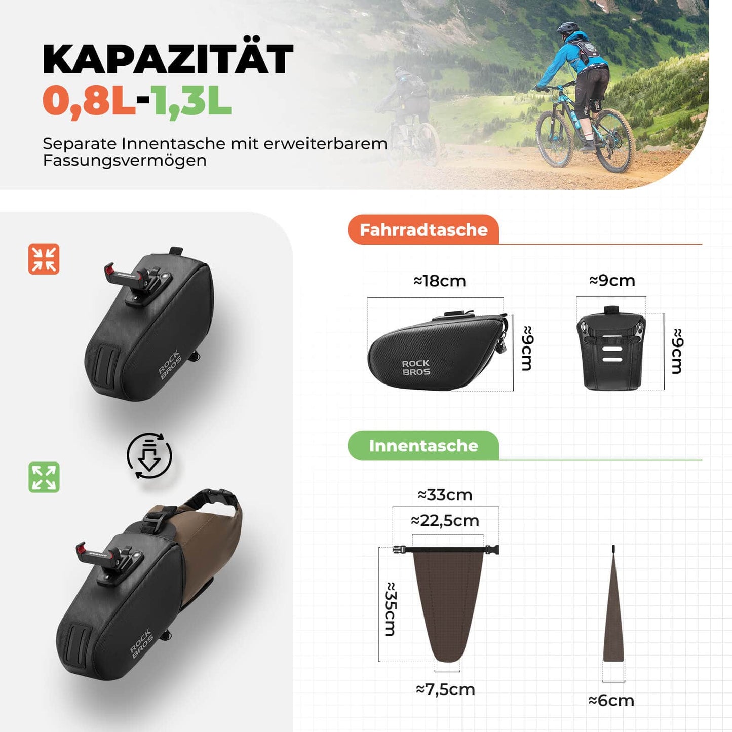 Saddle bag, waterproof bicycle bag, expandable with inner pocket, ROCKBROS