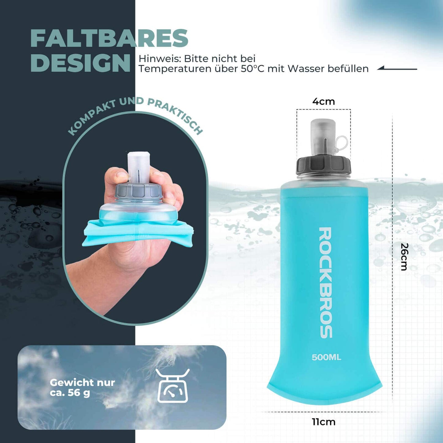 Foldable Water Bottle 500ml for Running, Hiking, Cycling ROCKBROS