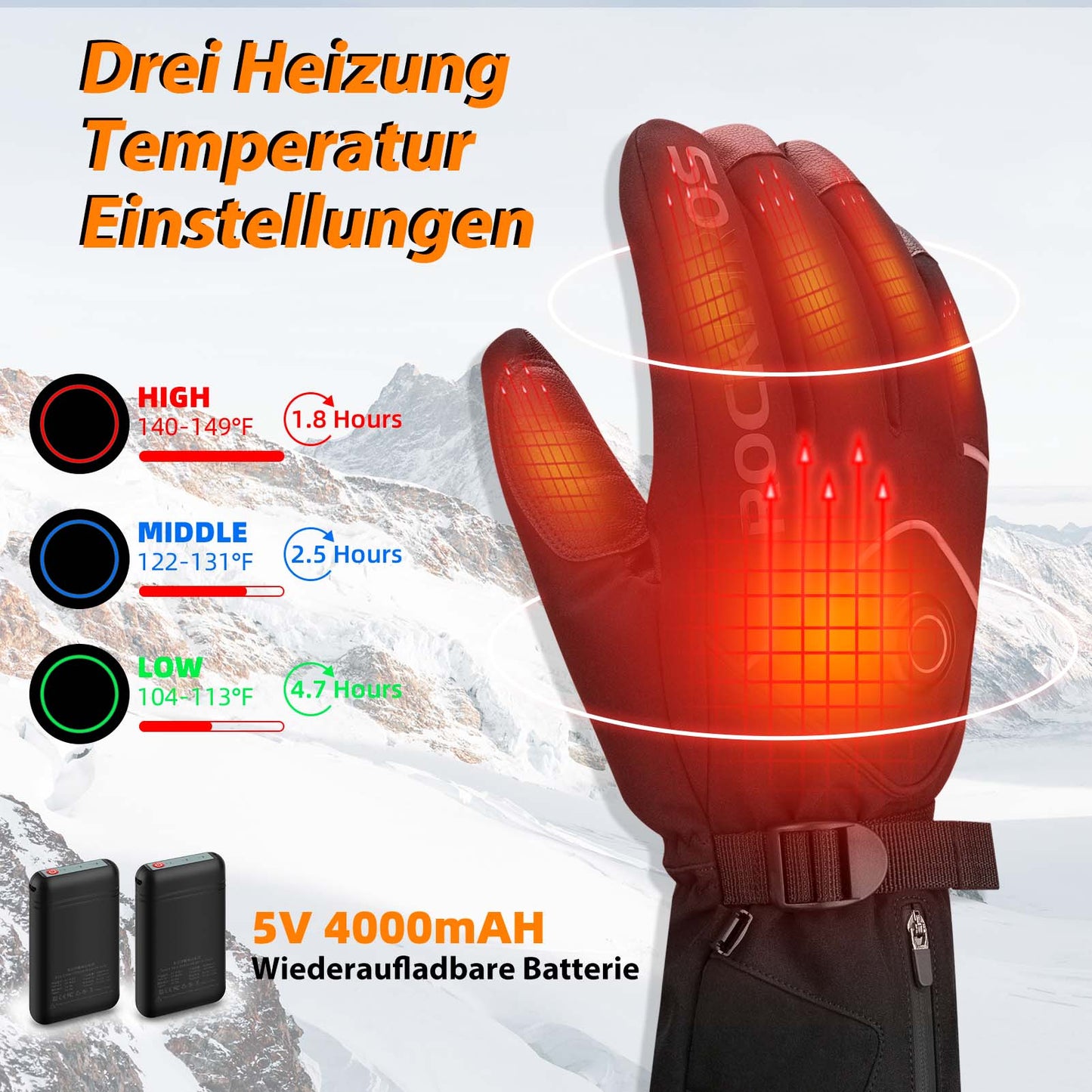 Winter Ski Gloves Rechargeable Heated Gloves Black ROCKBROS
