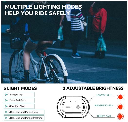 ROCKBROS Bike Rear Light LED Waterproof IPX6 USB Rechargeable Smart Brake Light Bright red light with 5 fixed and flashing modes.