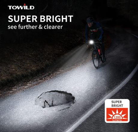 TOWILD CL1200 Garmin/GoPro Mount Compatible 1200 4000mAh Battery Waterproof Bike Light for Commuters
